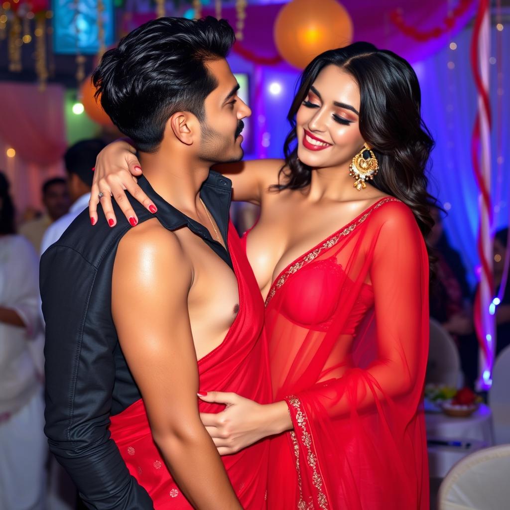 A lively and vibrant party scene showcasing a woman resembling Ileana, elegantly dressed in a stunning transparent red saree that highlights her cleavage and navel