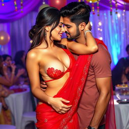 A lively and vibrant party scene showcasing a woman resembling Ileana, elegantly dressed in a stunning transparent red saree that highlights her cleavage and navel