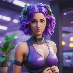 A stunning Fortnite Battle Royale skin showcasing a woman with cyber-organic elements, sections of glass skin displaying internal plant life and mechanics. Her striking neon purple hair is styled in loose classical curls while she poses dynamically in the lobby.