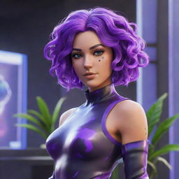 A stunning Fortnite Battle Royale skin showcasing a woman with cyber-organic elements, sections of glass skin displaying internal plant life and mechanics. Her striking neon purple hair is styled in loose classical curls while she poses dynamically in the lobby.