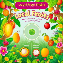 An interactive CD featuring local fruits, showcasing vibrant and colorful illustrations of various tropical fruits like durian, rambutan, mangosteen, and jackfruit
