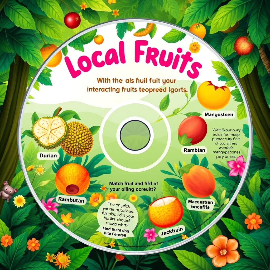 An interactive CD featuring local fruits, showcasing vibrant and colorful illustrations of various tropical fruits like durian, rambutan, mangosteen, and jackfruit