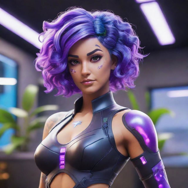 A stunning Fortnite Battle Royale skin showcasing a woman with cyber-organic elements, sections of glass skin displaying internal plant life and mechanics. Her striking neon purple hair is styled in loose classical curls while she poses dynamically in the lobby.