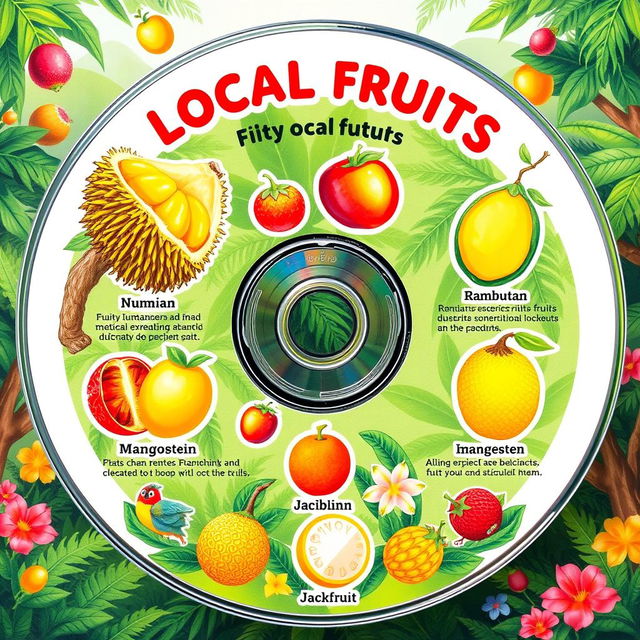 An interactive CD featuring local fruits, showcasing vibrant and colorful illustrations of various tropical fruits like durian, rambutan, mangosteen, and jackfruit