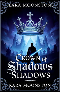 An enchanting book cover for 'Crown of Shadows' by Kara Moonstone, featuring a dark fantasy theme