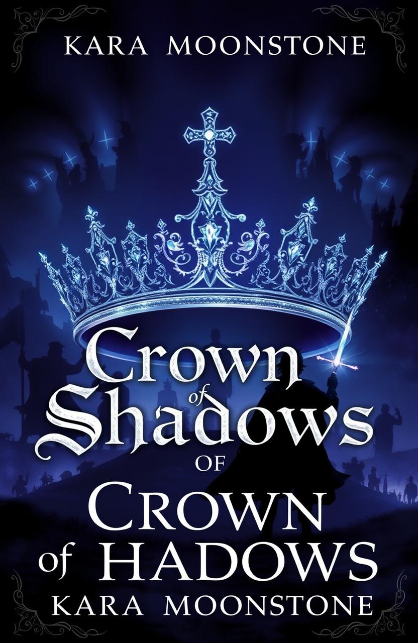 An enchanting book cover for 'Crown of Shadows' by Kara Moonstone, featuring a dark fantasy theme