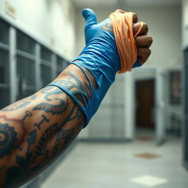 An extreme close-up of a large, muscular African American arm adorned with prison tattoos, wearing a blue latex glove