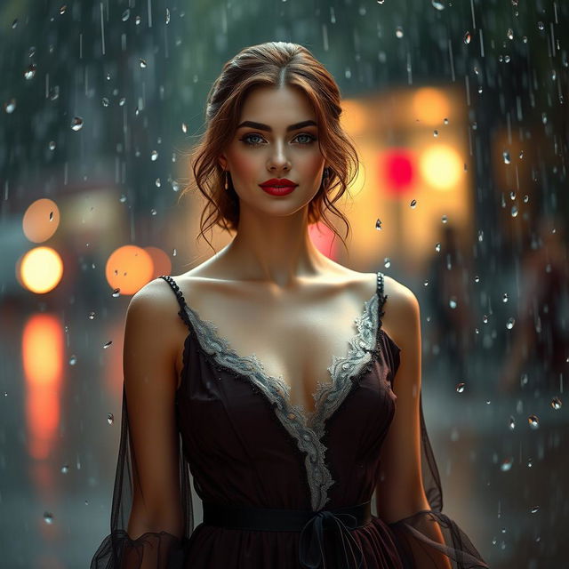 A beautifully styled and artistically captured image of a female figure named Sophie, adorned in elegant attire, standing amidst a serene rain-soaked backdrop