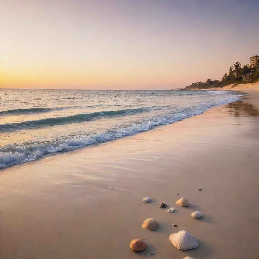 A serene beachfront at sunset with sparkling waters, golden sands, scattered seashells, and a soft orange sky with setting sun.