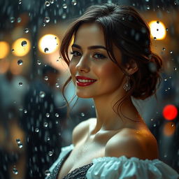 A beautifully styled and artistically captured image of a female figure named Sophie, adorned in elegant attire, standing amidst a serene rain-soaked backdrop