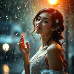 A beautifully styled and artistically captured image of a female figure named Sophie, adorned in elegant attire, standing amidst a serene rain-soaked backdrop