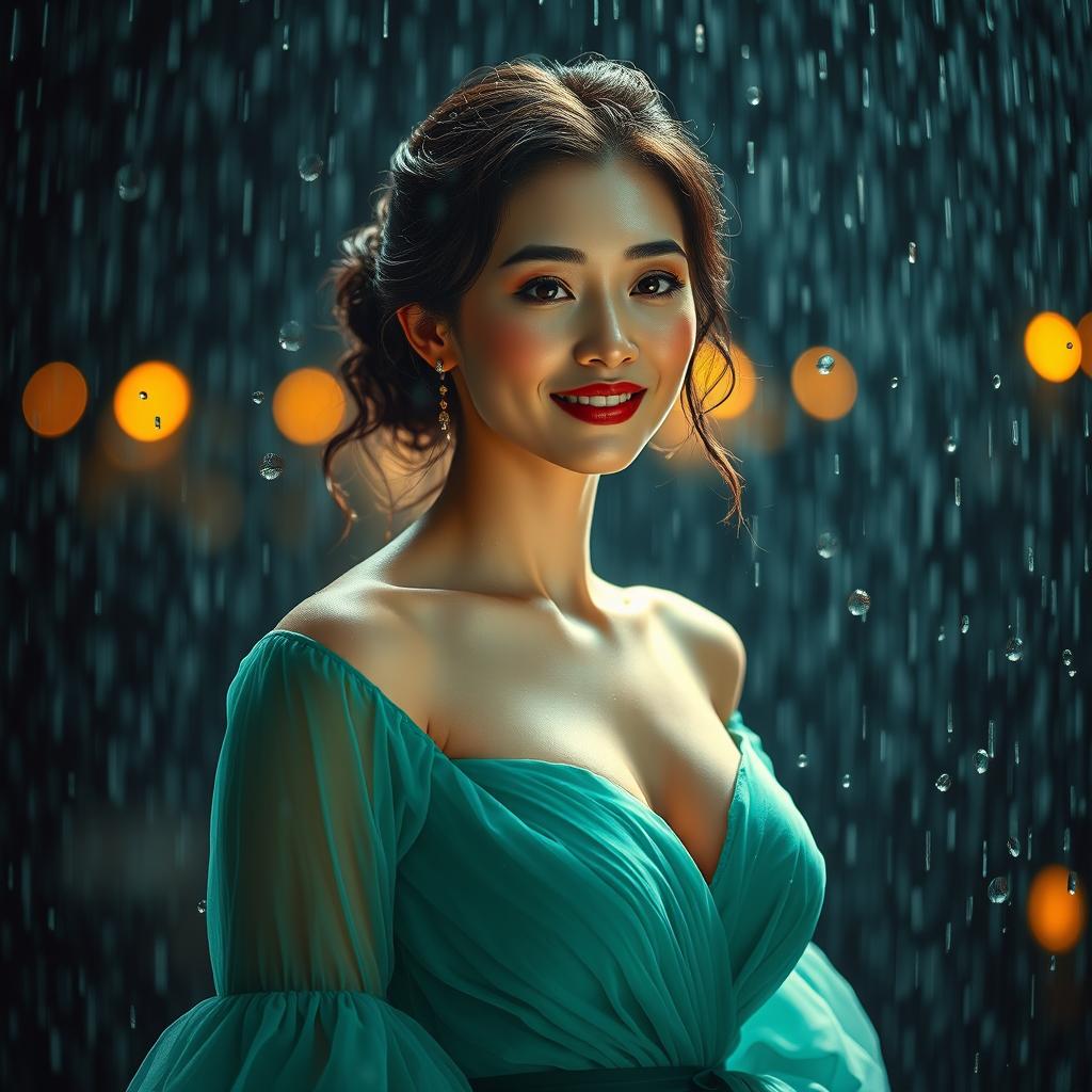 A beautifully styled and artistically captured image of a female figure named Sophie, adorned in elegant attire, standing amidst a serene rain-soaked backdrop