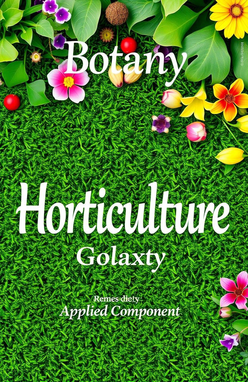 An artistic cover page design featuring the word "Horticulture" written boldly over a lush, green grass background