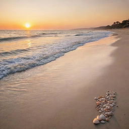 A serene beachfront at sunset with sparkling waters, golden sands, scattered seashells, and a soft orange sky with setting sun.