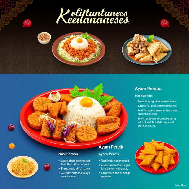 A vibrant and colorful interactive presentation showcasing traditional Kelantanese food, featuring beautifully arranged dishes such as Nasi Kerabu, Ayam Percik, and various traditional snacks