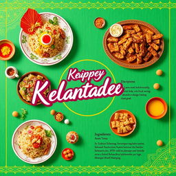 A vibrant and colorful interactive presentation showcasing traditional Kelantanese food, featuring beautifully arranged dishes such as Nasi Kerabu, Ayam Percik, and various traditional snacks