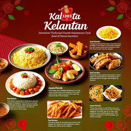 A vibrant and colorful interactive presentation showcasing traditional Kelantanese food, featuring beautifully arranged dishes such as Nasi Kerabu, Ayam Percik, and various traditional snacks