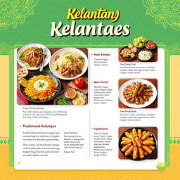 A vibrant and colorful interactive presentation showcasing traditional Kelantanese food, featuring beautifully arranged dishes such as Nasi Kerabu, Ayam Percik, and various traditional snacks