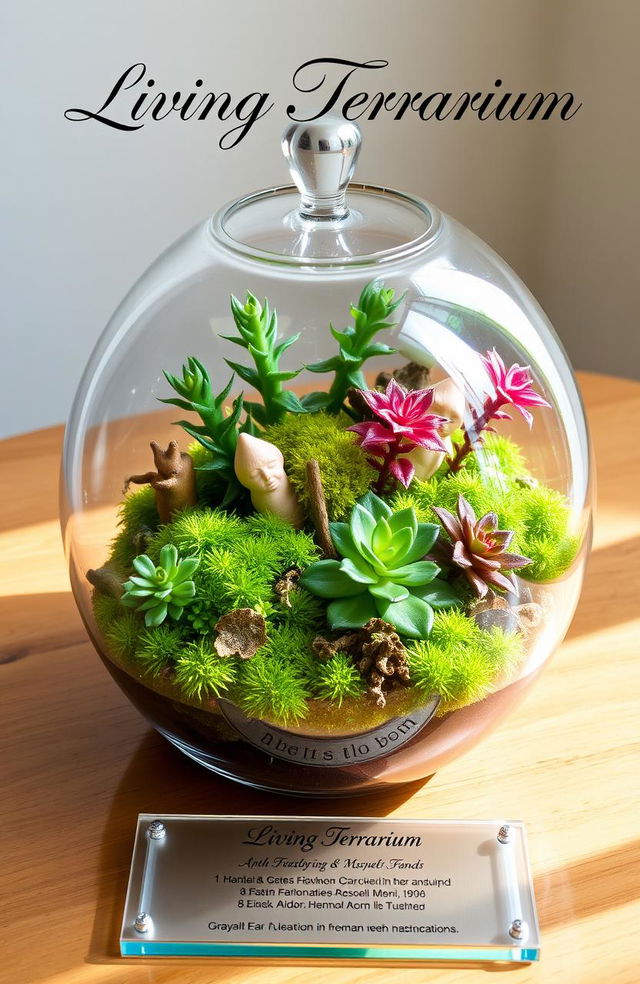 A beautifully arranged living terrarium showcasing a variety of lush green plants, colorful moss, and miniature decorations inside a clear glass container