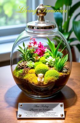 A beautifully arranged living terrarium showcasing a variety of lush green plants, colorful moss, and miniature decorations inside a clear glass container