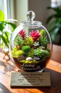 A beautifully arranged living terrarium showcasing a variety of lush green plants, colorful moss, and miniature decorations inside a clear glass container