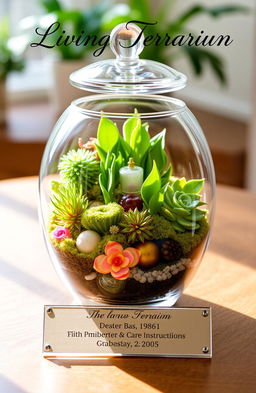A beautifully arranged living terrarium showcasing a variety of lush green plants, colorful moss, and miniature decorations inside a clear glass container