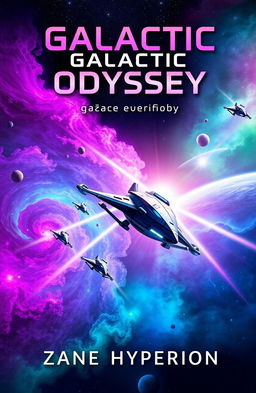 A stunning, colorful book cover for 'Galactic Odyssey' by Zane Hyperion, featuring a dramatic scene of space travel