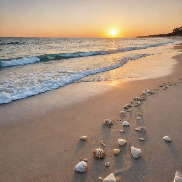 A serene beachfront at sunset with sparkling waters, golden sands, scattered seashells, and a soft orange sky with setting sun.