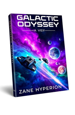 A stunning, colorful book cover for 'Galactic Odyssey' by Zane Hyperion, featuring a dramatic scene of space travel