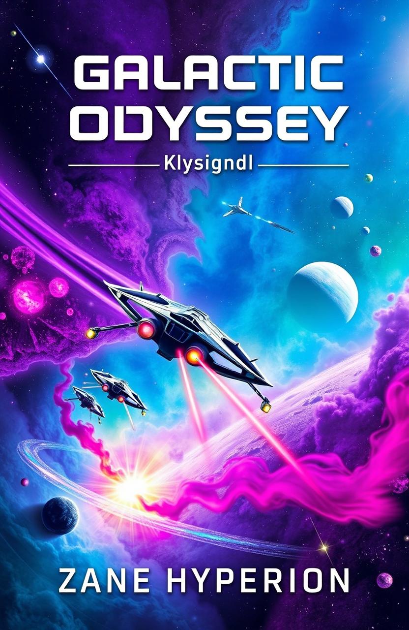 A stunning, colorful book cover for 'Galactic Odyssey' by Zane Hyperion, featuring a dramatic scene of space travel