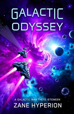 A stunning, colorful book cover for 'Galactic Odyssey' by Zane Hyperion, featuring a dramatic scene of space travel