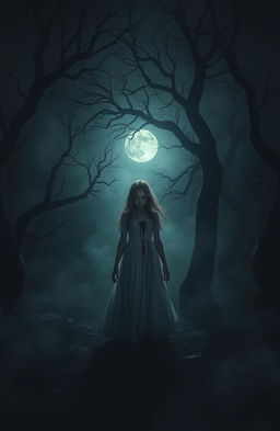 A haunting scene depicting a girl in a flowing white dress, stained with blood, standing in a dark, scary, secluded place surrounded by twisted trees and eerie fog