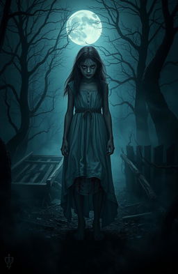 A haunting scene depicting a girl in a flowing white dress, stained with blood, standing in a dark, scary, secluded place surrounded by twisted trees and eerie fog