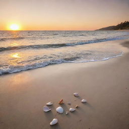 A serene beachfront at sunset with sparkling waters, golden sands, scattered seashells, and a soft orange sky with setting sun.