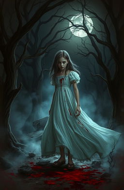 A haunting scene depicting a girl in a flowing white dress, stained with blood, standing in a dark, scary, secluded place surrounded by twisted trees and eerie fog