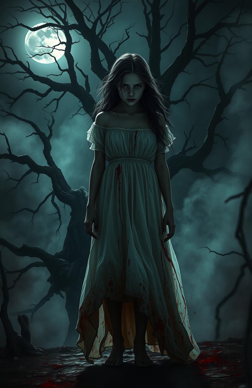 A haunting scene depicting a girl in a flowing white dress, stained with blood, standing in a dark, scary, secluded place surrounded by twisted trees and eerie fog