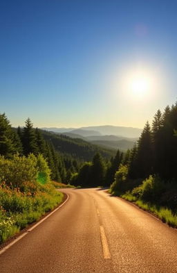 A picturesque winding road surrounded by lush green forests and vibrant wildflowers, under a clear blue sky
