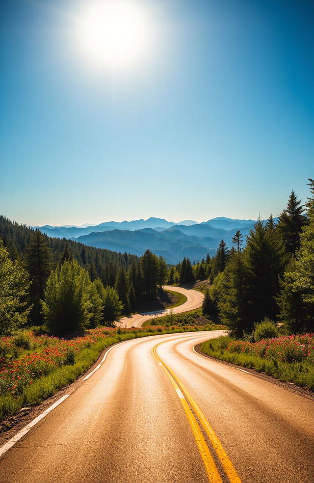 A picturesque winding road surrounded by lush green forests and vibrant wildflowers, under a clear blue sky