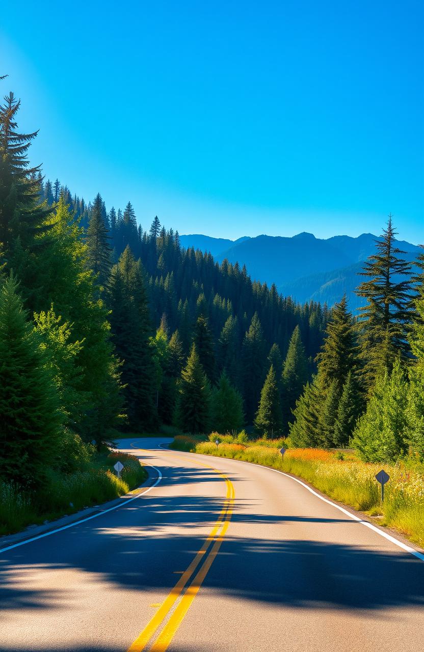 A picturesque winding road surrounded by lush green forests and vibrant wildflowers, under a clear blue sky