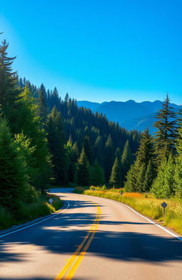 A picturesque winding road surrounded by lush green forests and vibrant wildflowers, under a clear blue sky