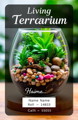 A beautifully designed living terrarium featuring a variety of lush green plants, colorful pebbles, and miniature decorative elements like tiny figurines or fairy lights