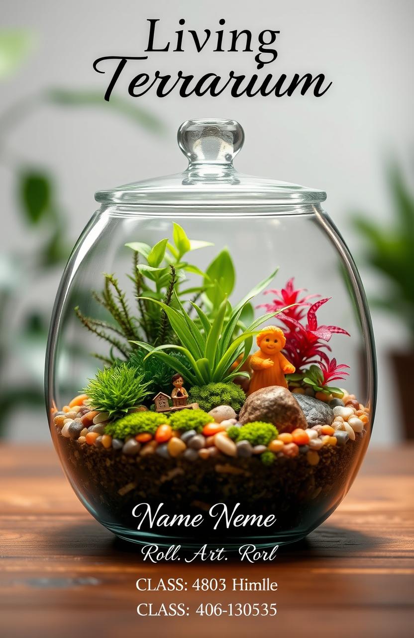 A beautifully designed living terrarium featuring a variety of lush green plants, colorful pebbles, and miniature decorative elements like tiny figurines or fairy lights