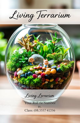 A beautifully designed living terrarium featuring a variety of lush green plants, colorful pebbles, and miniature decorative elements like tiny figurines or fairy lights