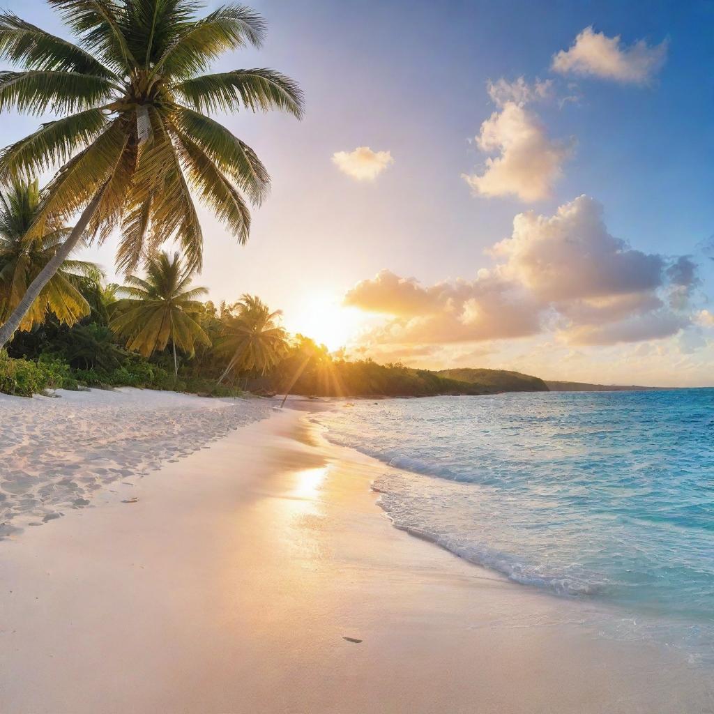 A picturesque Caribbean beachfront with clear blue waters, pristine white sands, vibrant palm trees, and a radiant sun setting in the backdrop.