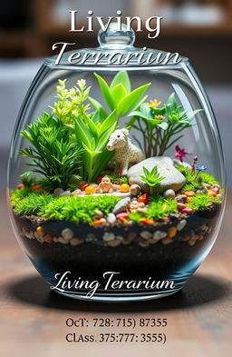 A beautifully designed living terrarium featuring a variety of lush green plants, colorful pebbles, and miniature decorative elements like tiny figurines or fairy lights