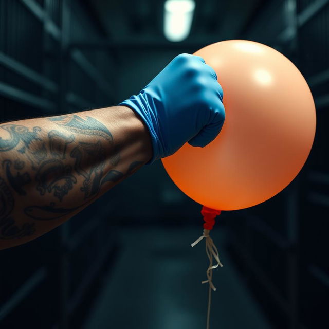 An extreme close-up of a large, muscular African American arm covered in intricate prison tattoos, wearing a blue latex glove