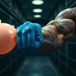 An extreme close-up of a large, muscular African American arm covered in intricate prison tattoos, wearing a blue latex glove