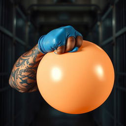 An extreme close-up of a large, muscular African American arm covered in intricate prison tattoos, wearing a blue latex glove