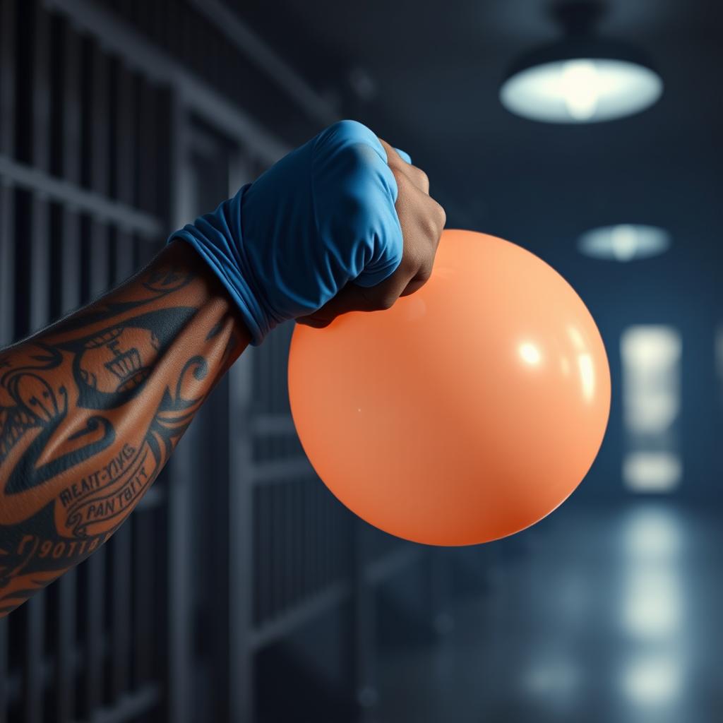 An extreme close-up of a large, muscular African American arm covered in intricate prison tattoos, wearing a blue latex glove