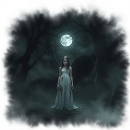 A chilling scene set in a dark, secluded forest with thick mist swirling around
